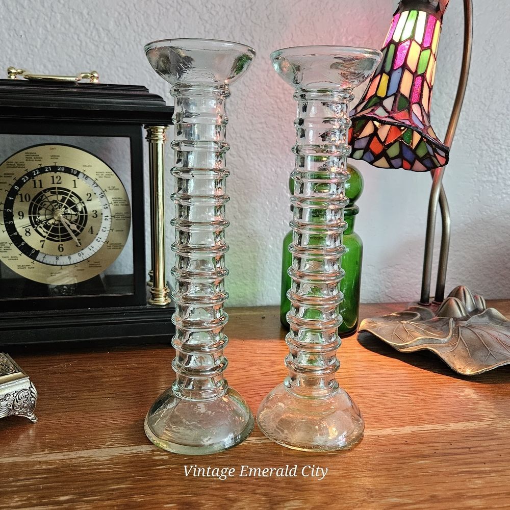 Vtg Stacked Bubble Glass 20th Century Ribbed Pale Green Candle Holders Spain Set